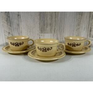 Vintage Pfaltzgraff Village Stoneware Set of 3 Cups With Saucers‎ Made in USA